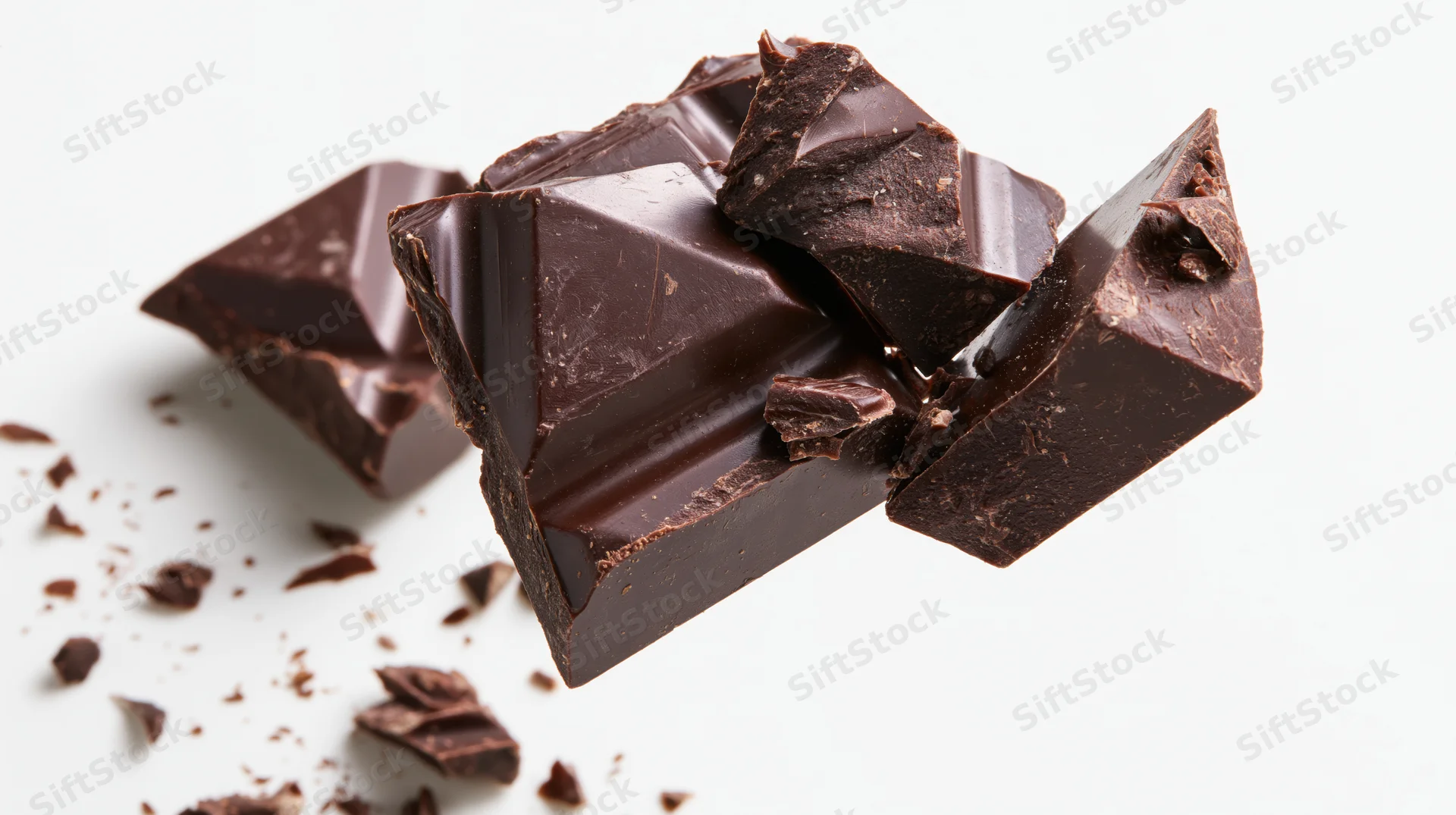 Broken dark chocolate chunks suspended midair against white background