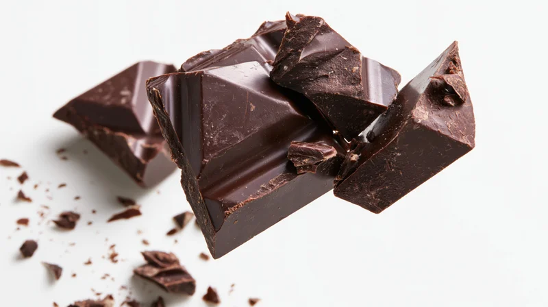 Broken dark chocolate chunks suspended midair against white background