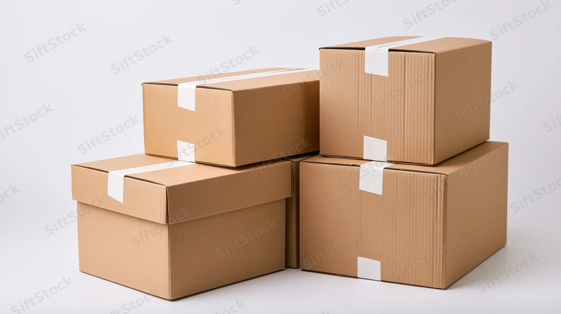 Several corrugated cardboard shipping boxes of varying sizes stacked together on a white surface
