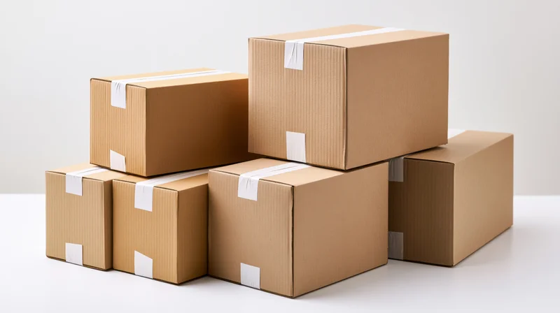 Stacked cardboard shipping boxes arranged on a white surface