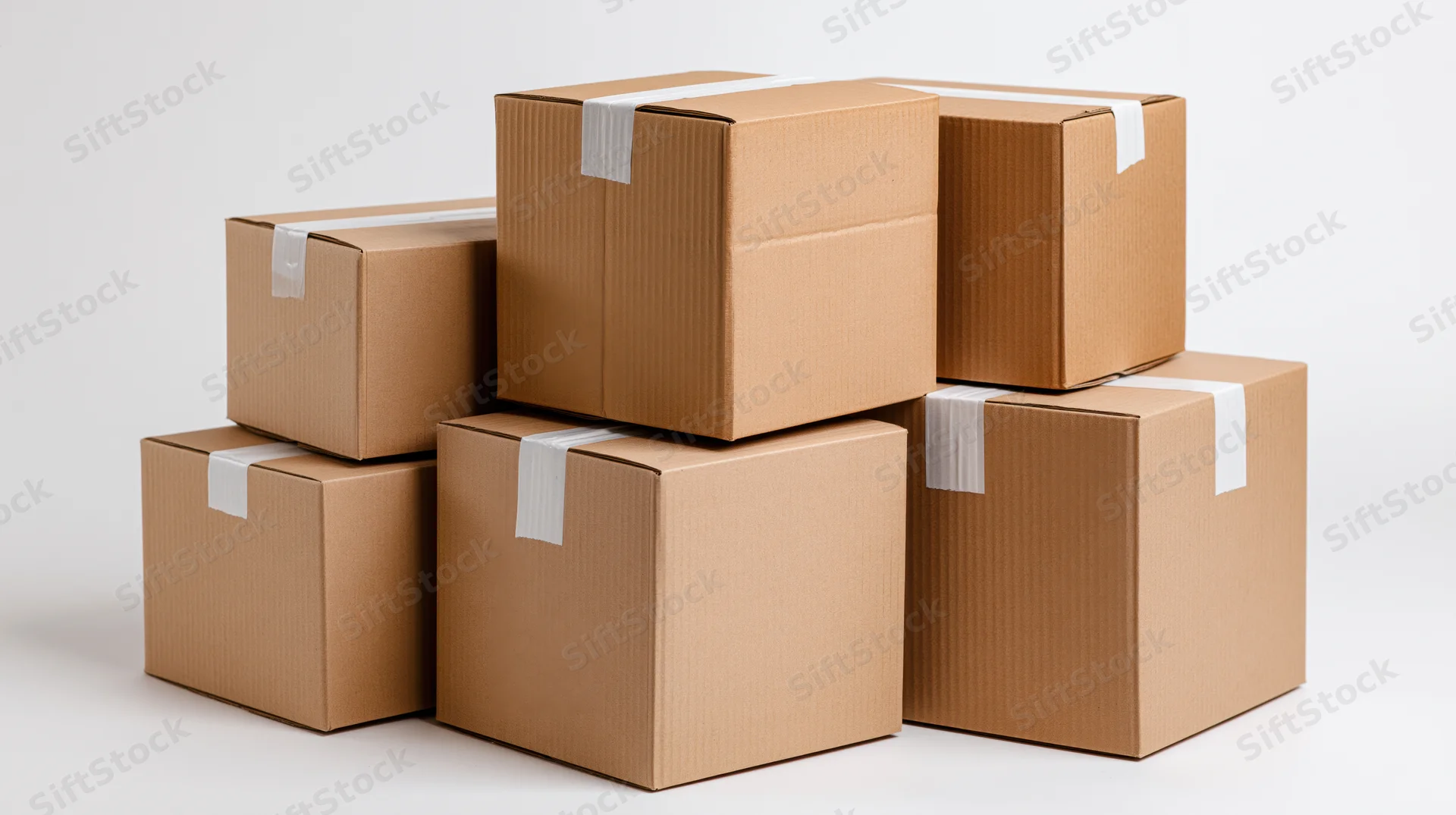 Stack of corrugated cardboard shipping boxes sealed with tape on white background