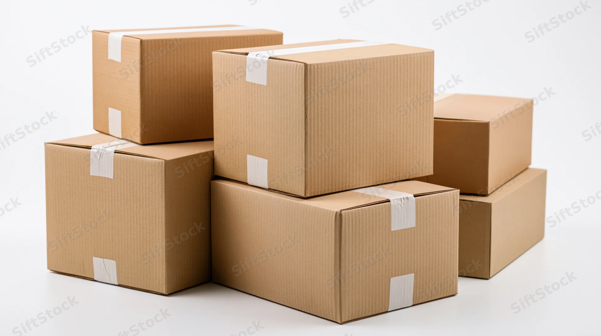 Stacked cardboard shipping boxes arranged on a white surface