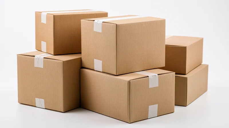 Stacked cardboard shipping boxes arranged on a white surface