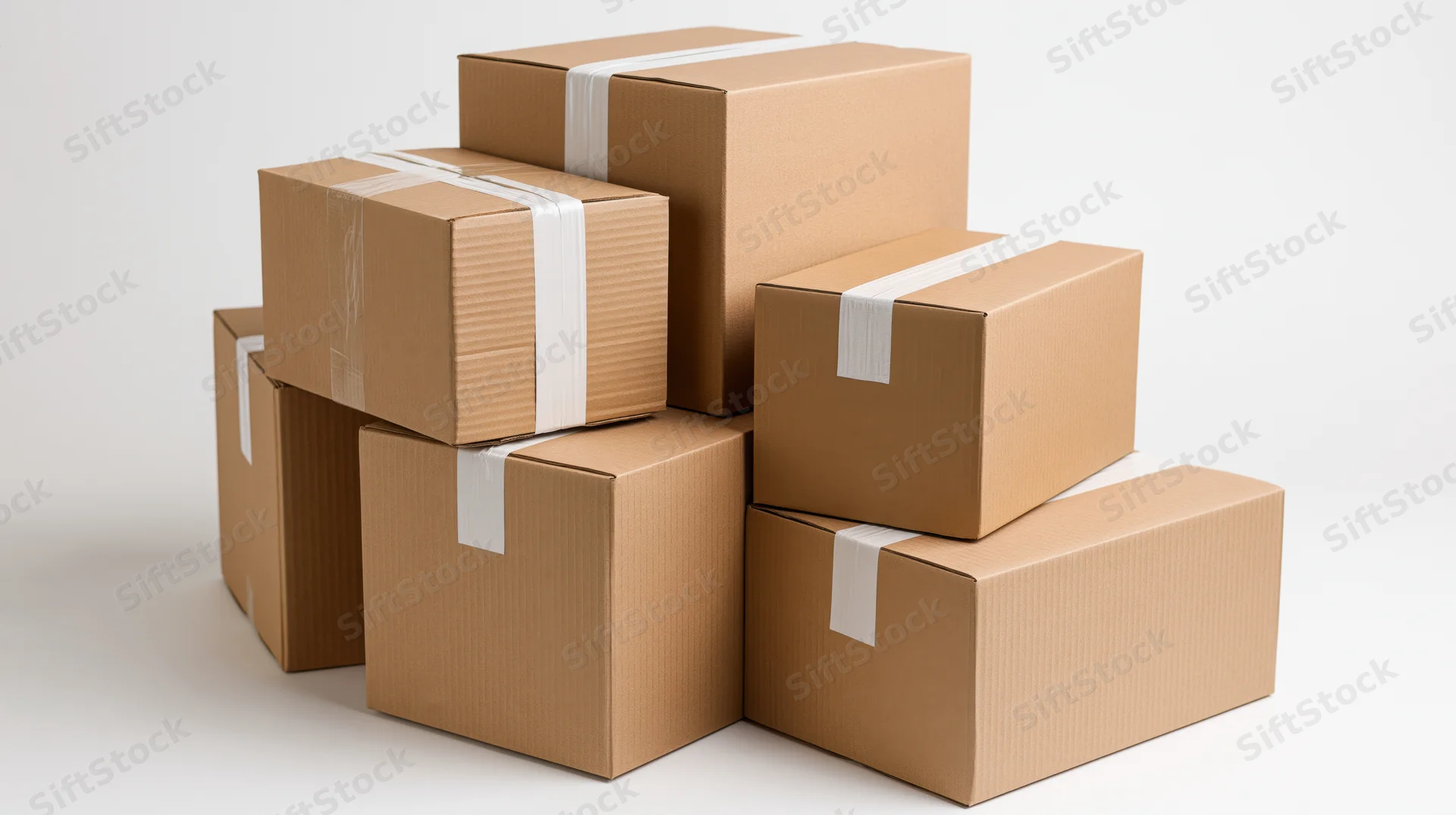 Stacked corrugated cardboard shipping boxes sealed with white tape on a white background