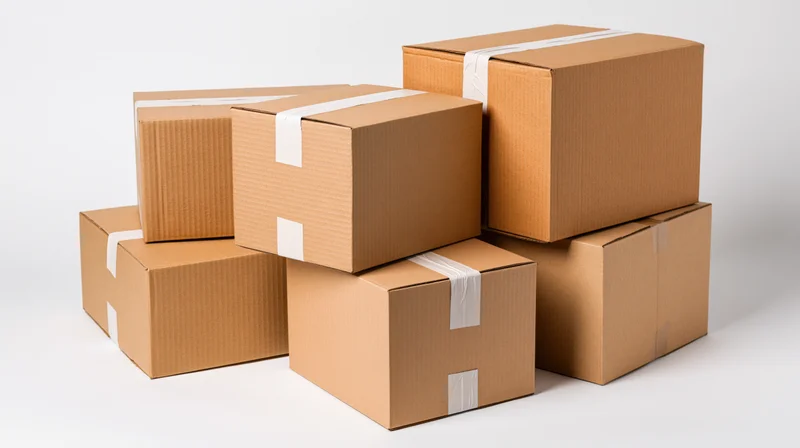 Stacked cardboard shipping boxes sealed with tape on white background