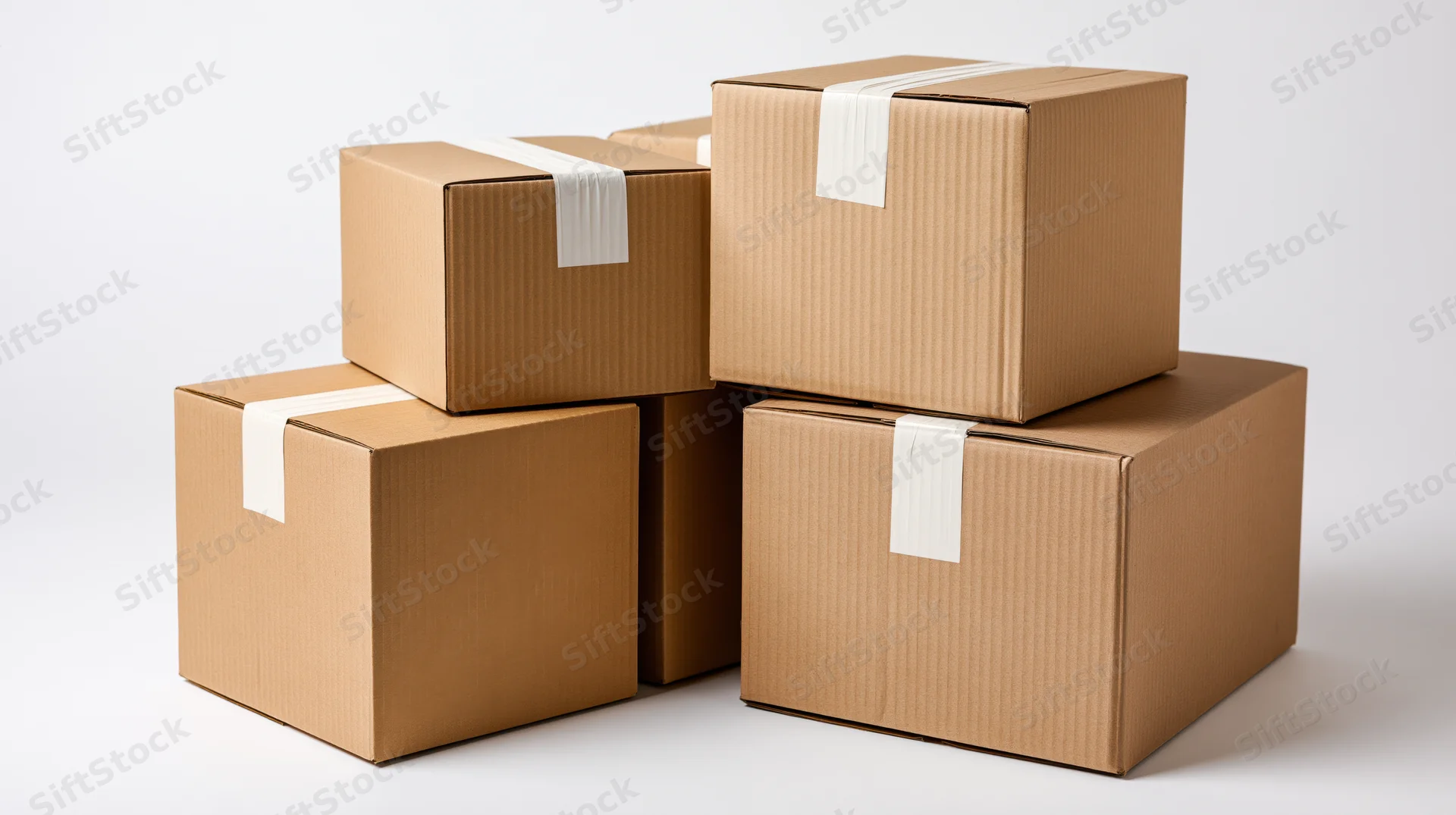 Stacked cardboard shipping boxes sealed with tape on white background