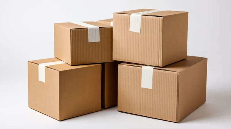 Stacked cardboard shipping boxes sealed with tape on white background