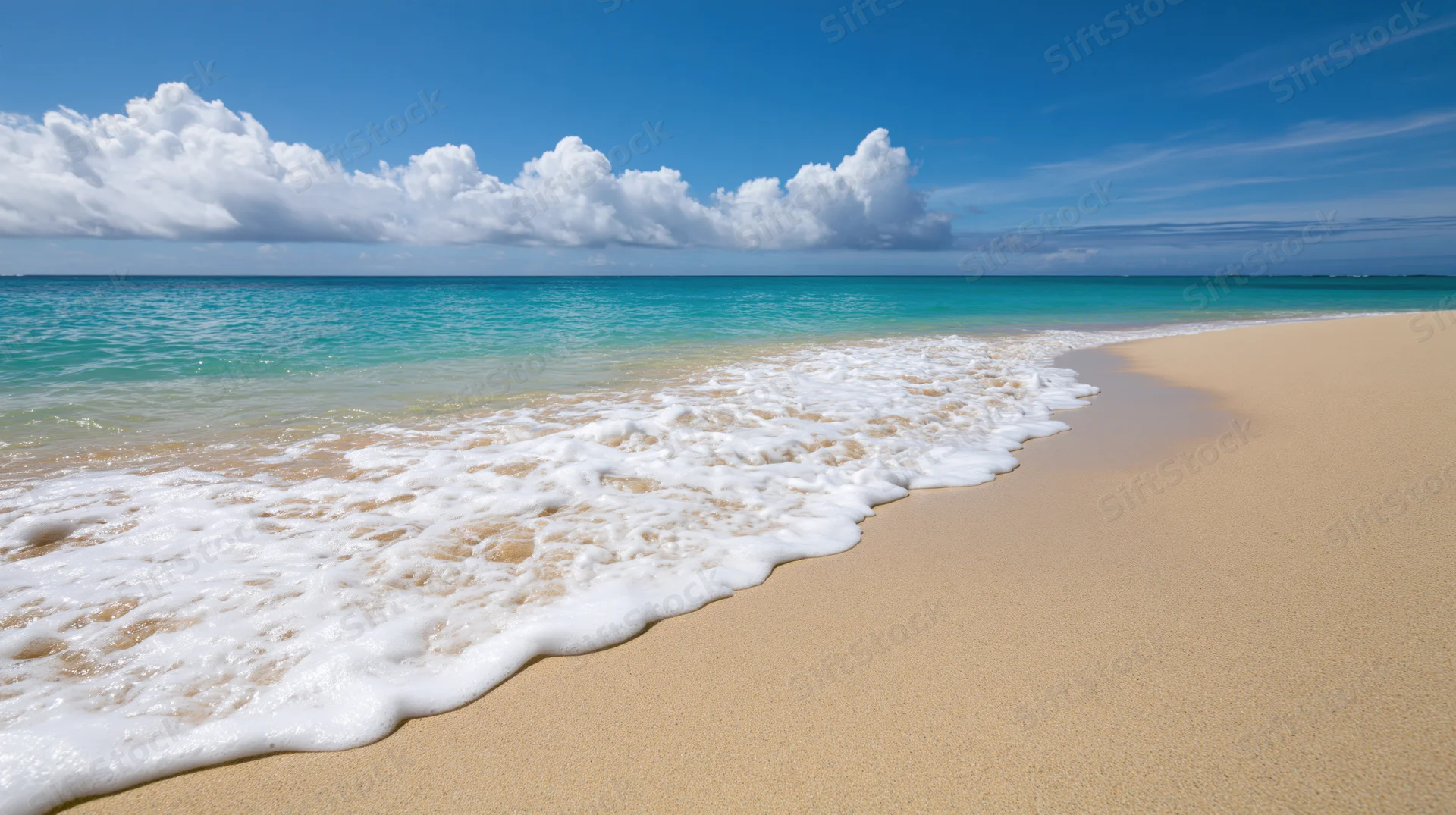 Shallow ocean wave washing gently onto a flat sandy beach under a blue sky with white clouds