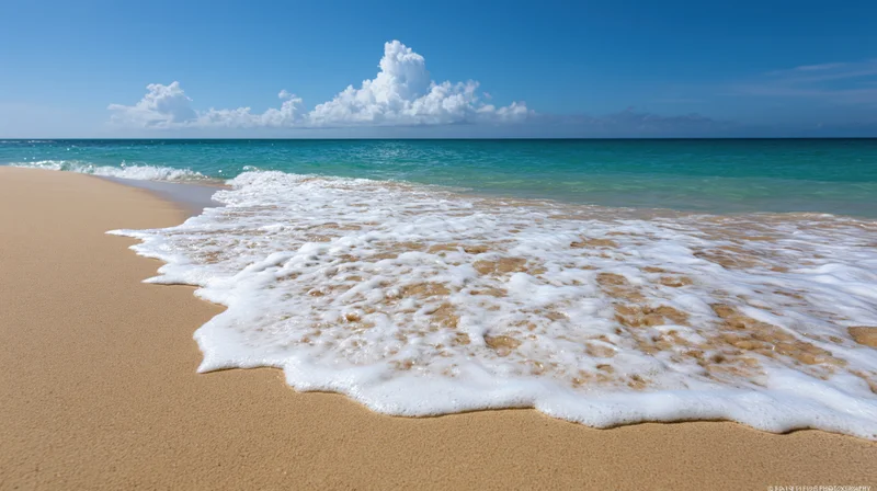 Shallow ocean wave washing onto a flat sandy beach under a clear blue sky with scattered clouds