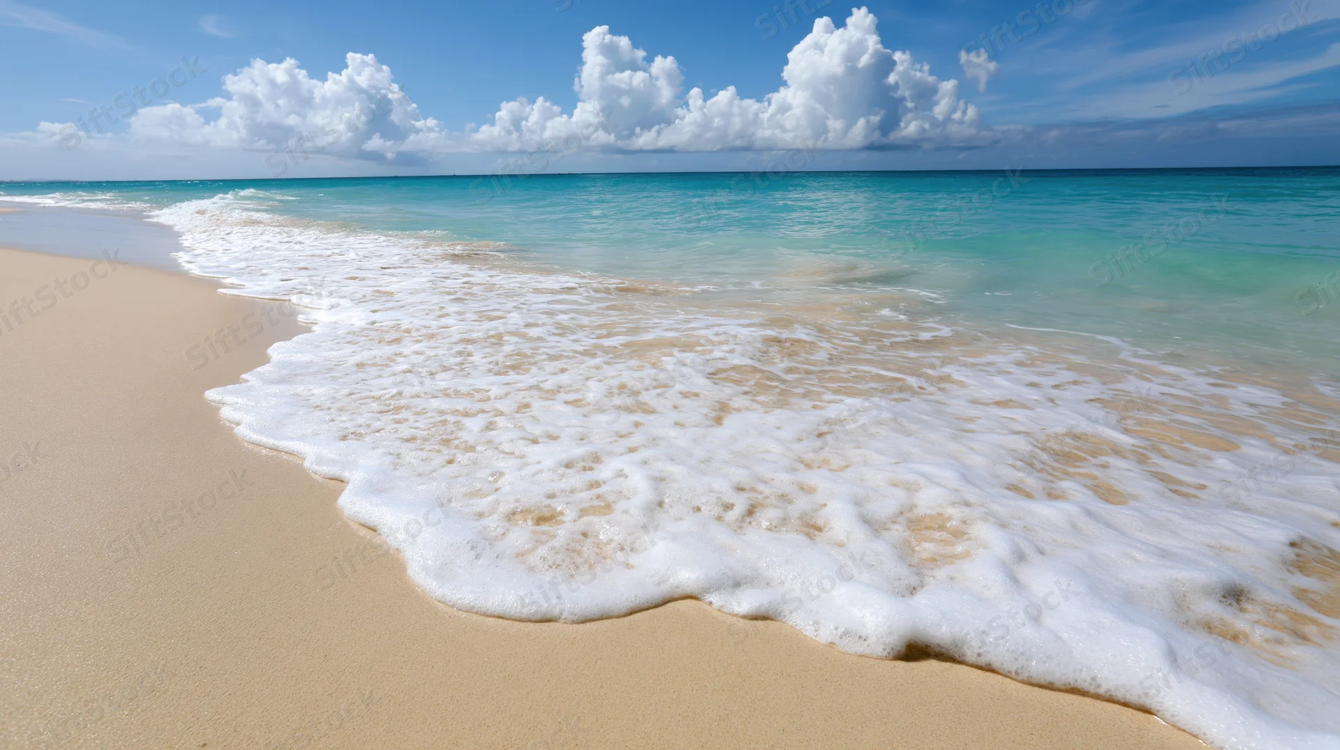 Shallow ocean wave washing onto flat sandy beach under blue sky with white clouds