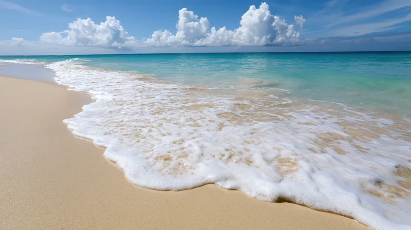 Shallow ocean wave washing onto flat sandy beach under blue sky with white clouds