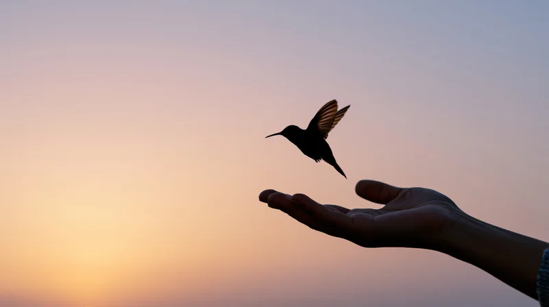 Hummingbird lifting off from an outstretched hand against a sunset sky