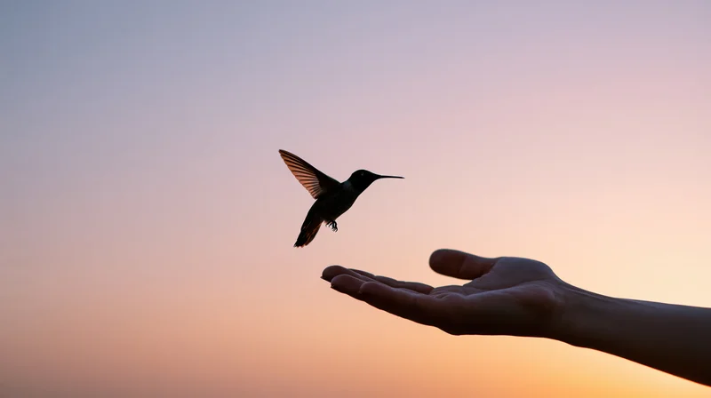 Hummingbird lifting off from an outstretched hand against a twilight sky