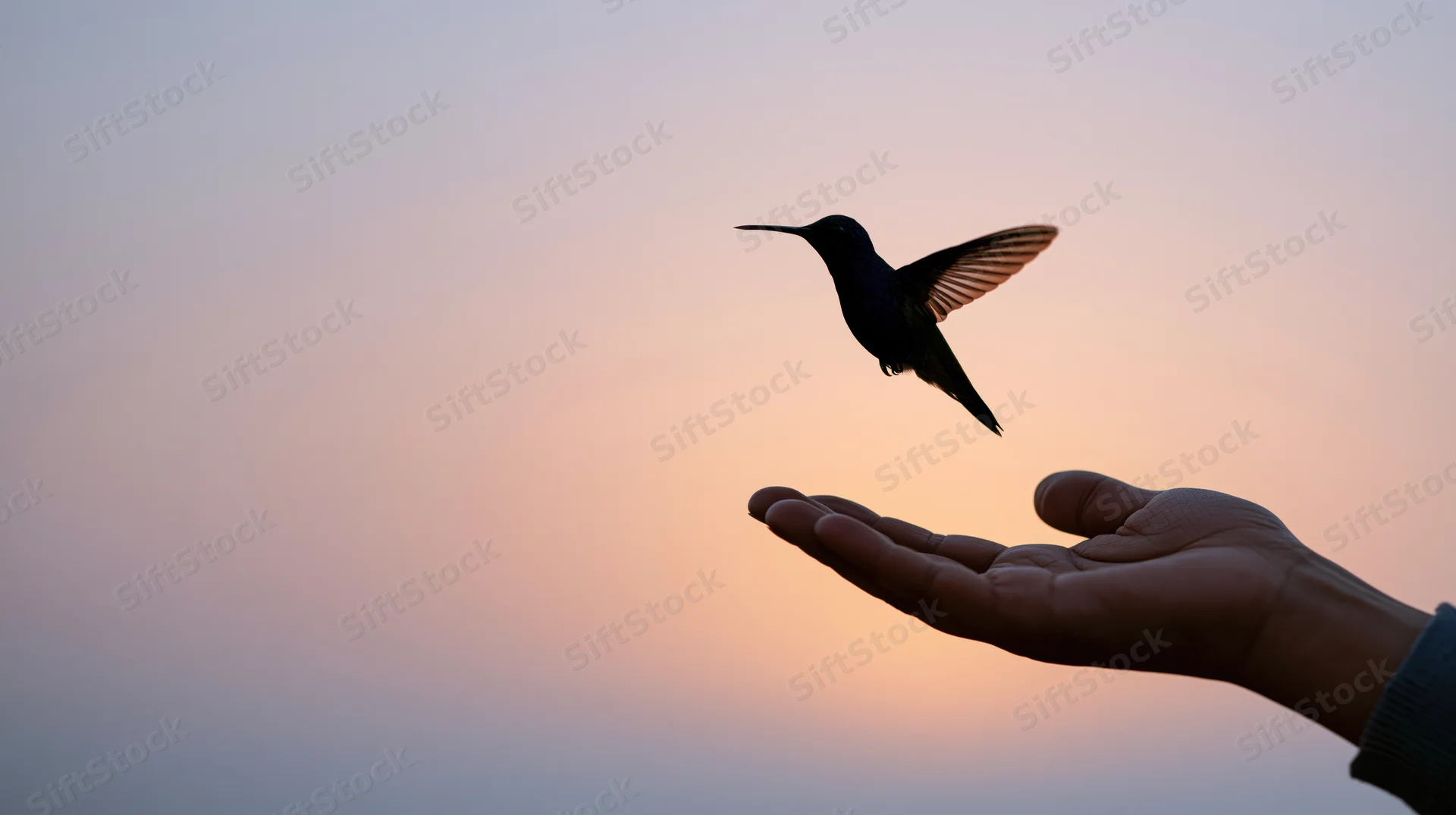 Hummingbird lifting off from an outstretched hand against a sunset sky