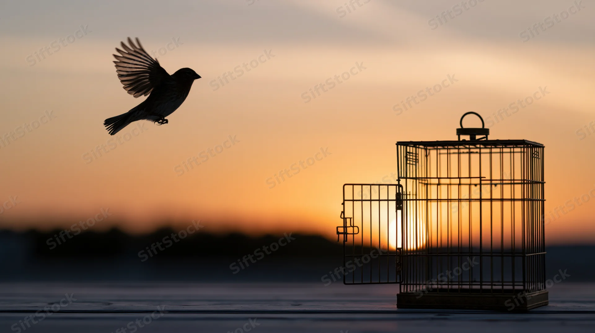 Silhouette of a small bird in mid-flight escaping from an open cage at sunset