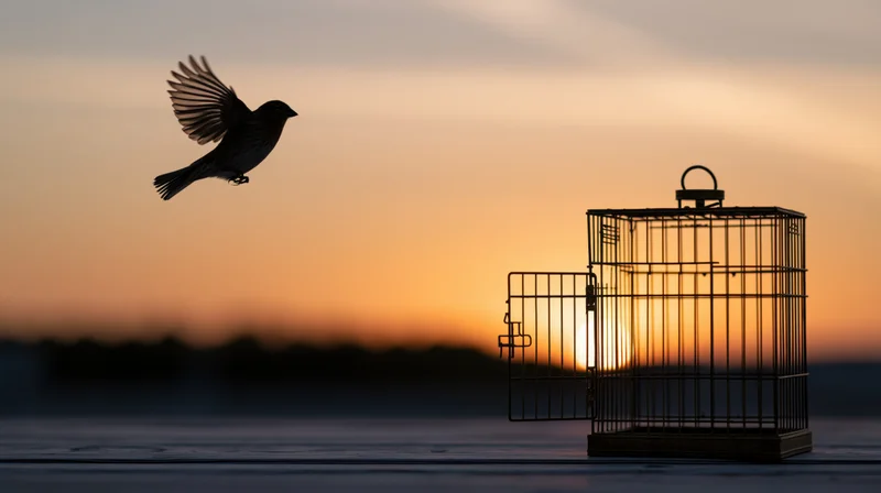 Silhouette of a small bird in mid-flight escaping from an open cage at sunset