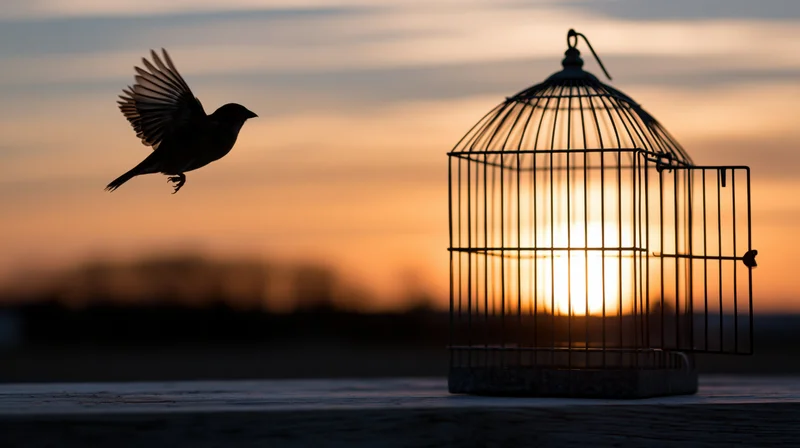 Silhouette of a small bird in mid-flight escaping from an open cage at sunset