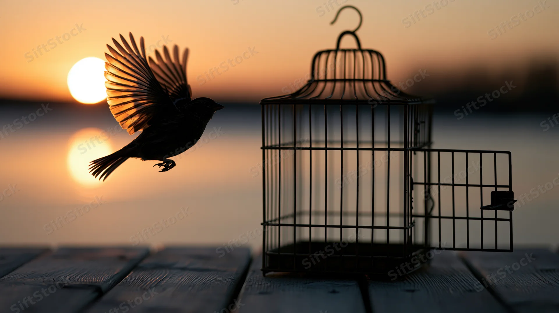 Silhouette of a small bird in mid-flight escaping from an open cage on a wooden deck at sunset