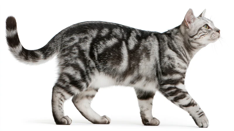 Silver tabby cat walking with tail raised and head tilted upward against white background