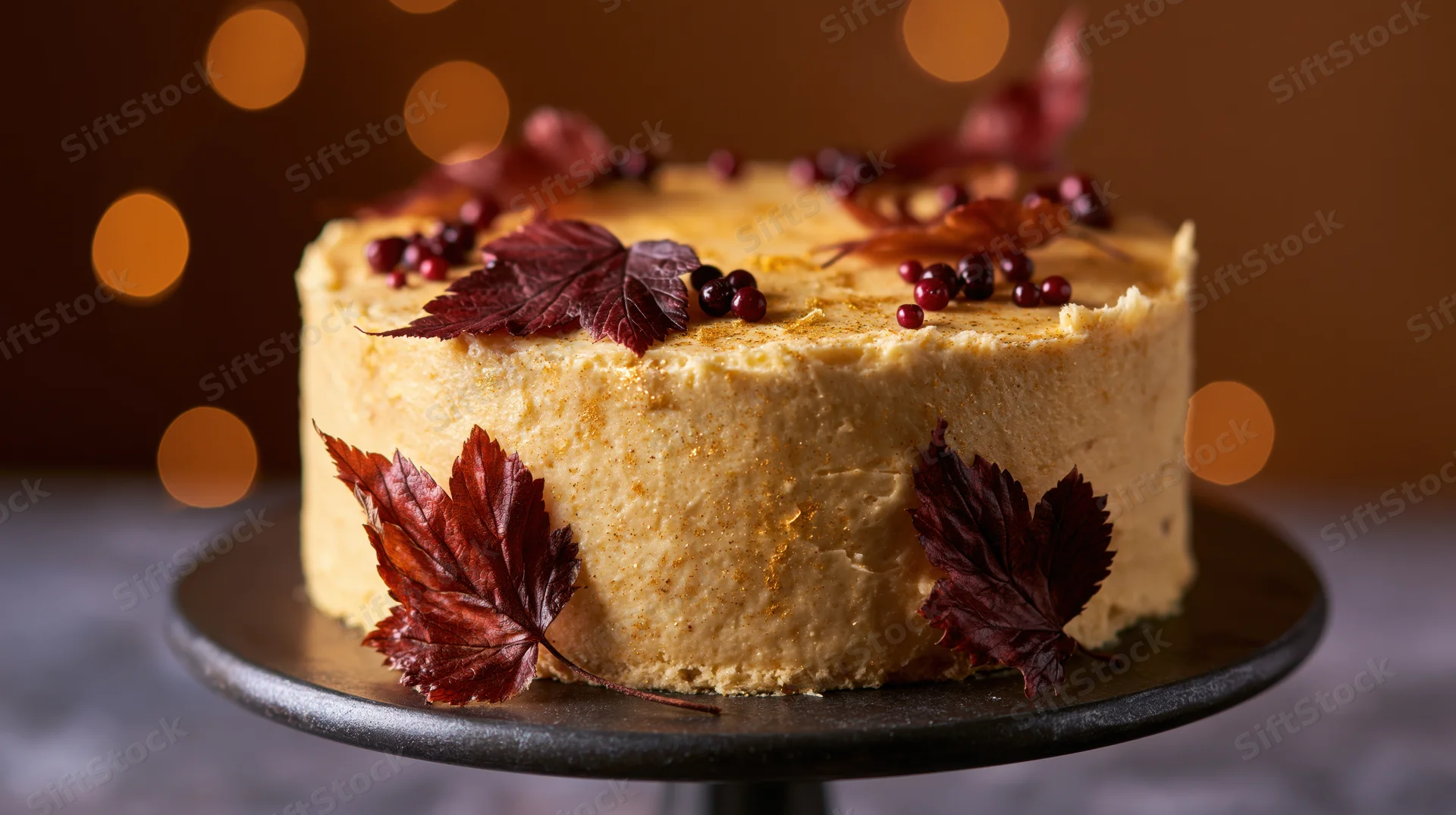 Single-layer cake decorated with autumn leaves and berries on a dark metal stand