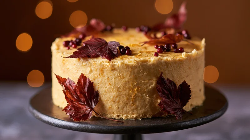 Single-layer cake decorated with autumn leaves and berries on a dark metal stand
