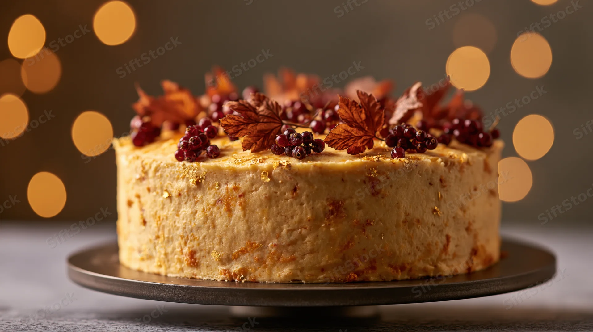 Single-layer cake decorated with autumn leaves and berries on a dark metal stand with warm bokeh lights in the background
