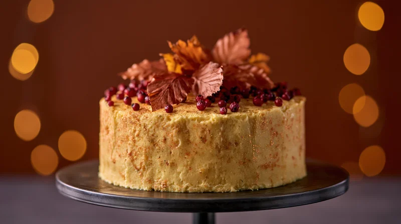 Single-layer celebration cake decorated with cranberries and autumn leaves on a dark metal stand