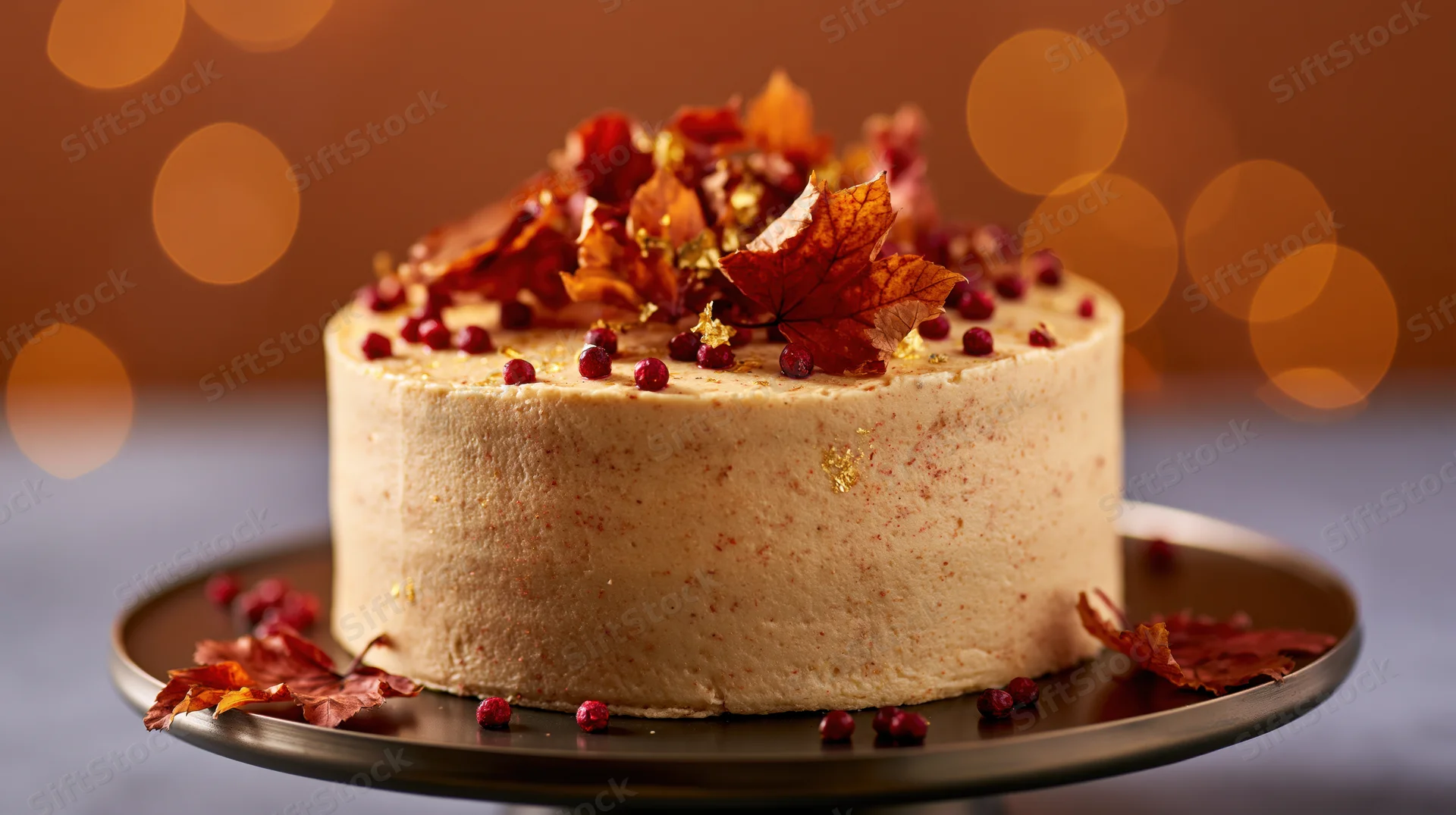 Single-layer cake decorated with dried leaves and cranberries on a dark metal stand