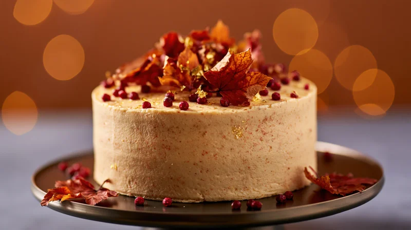 Single-layer cake decorated with dried leaves and cranberries on a dark metal stand