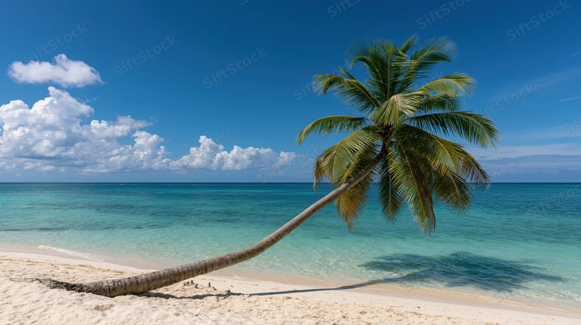 Leaning coconut palm tree on white sand beach beside turquoise ocean under blue sky with clouds