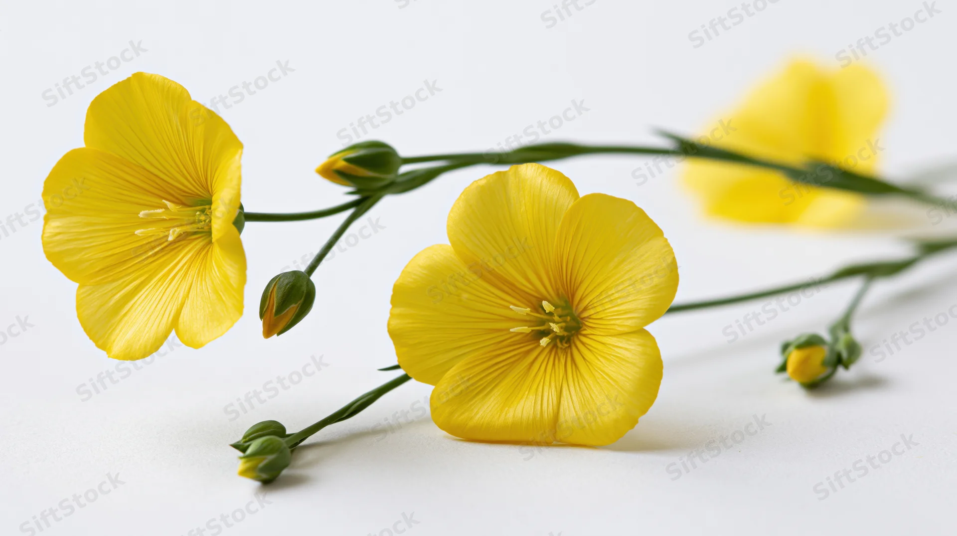 Yellow flax flowers blooming on slender green stems against white background