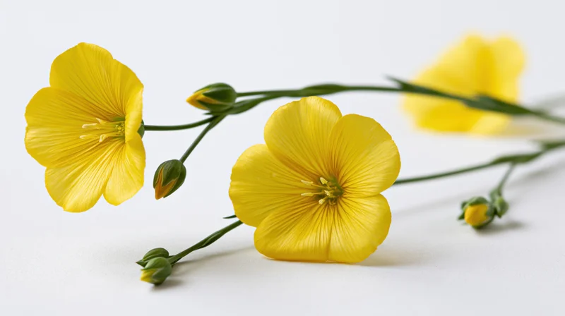 Yellow flax flowers blooming on slender green stems against white background