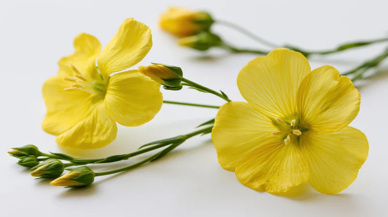 Yellow flax flowers blooming on slender green stems against white background