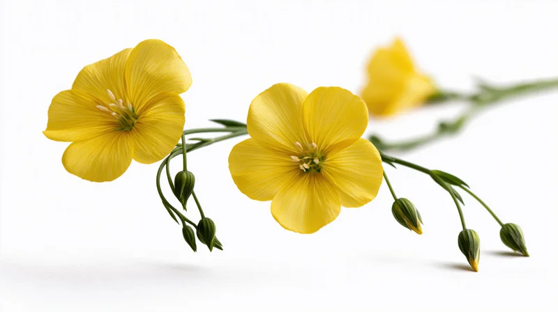 Yellow flax flowers blooming on a slender green stem against a white background