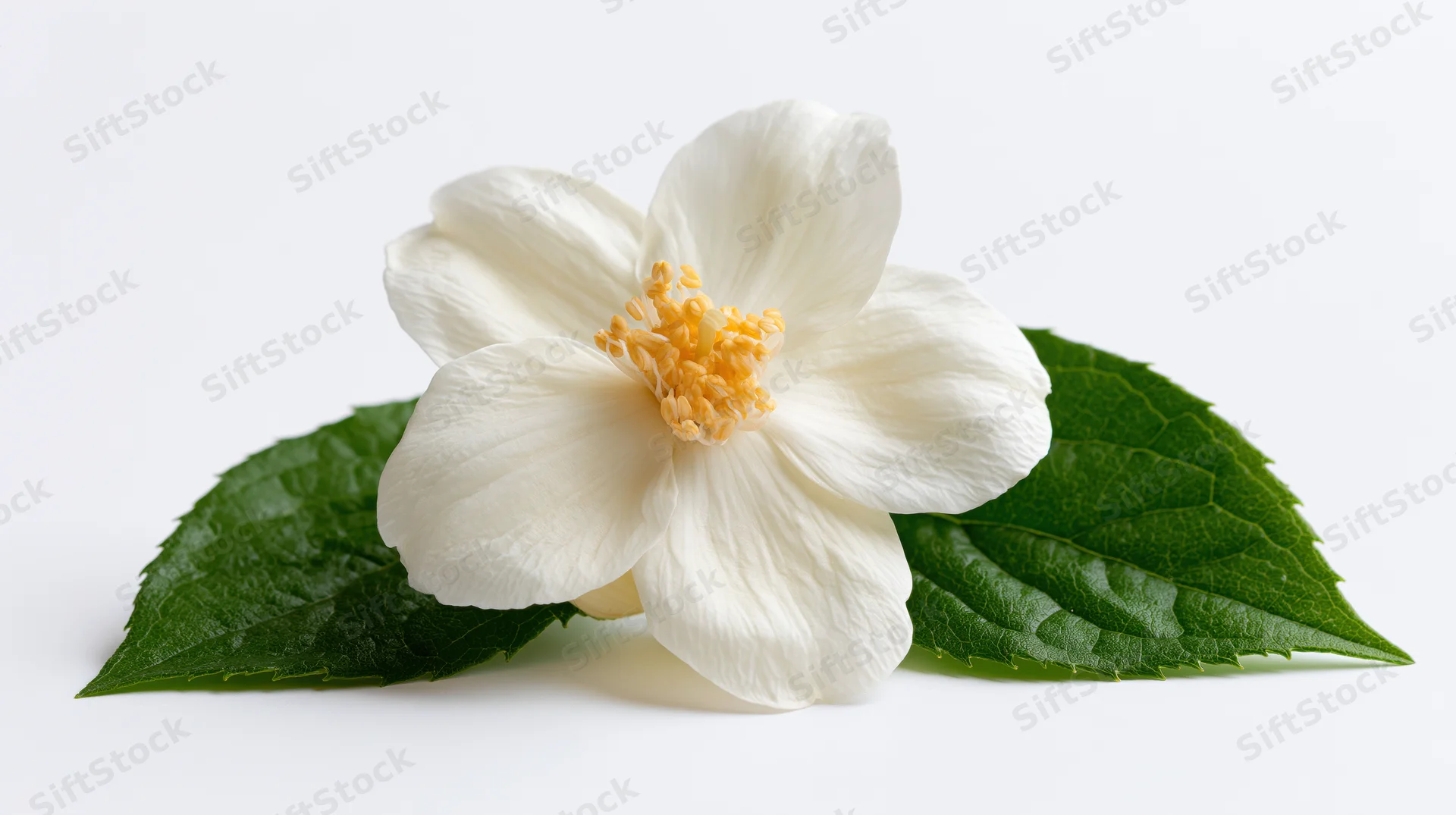 White jasmine flower with green leaves on a plain white surface