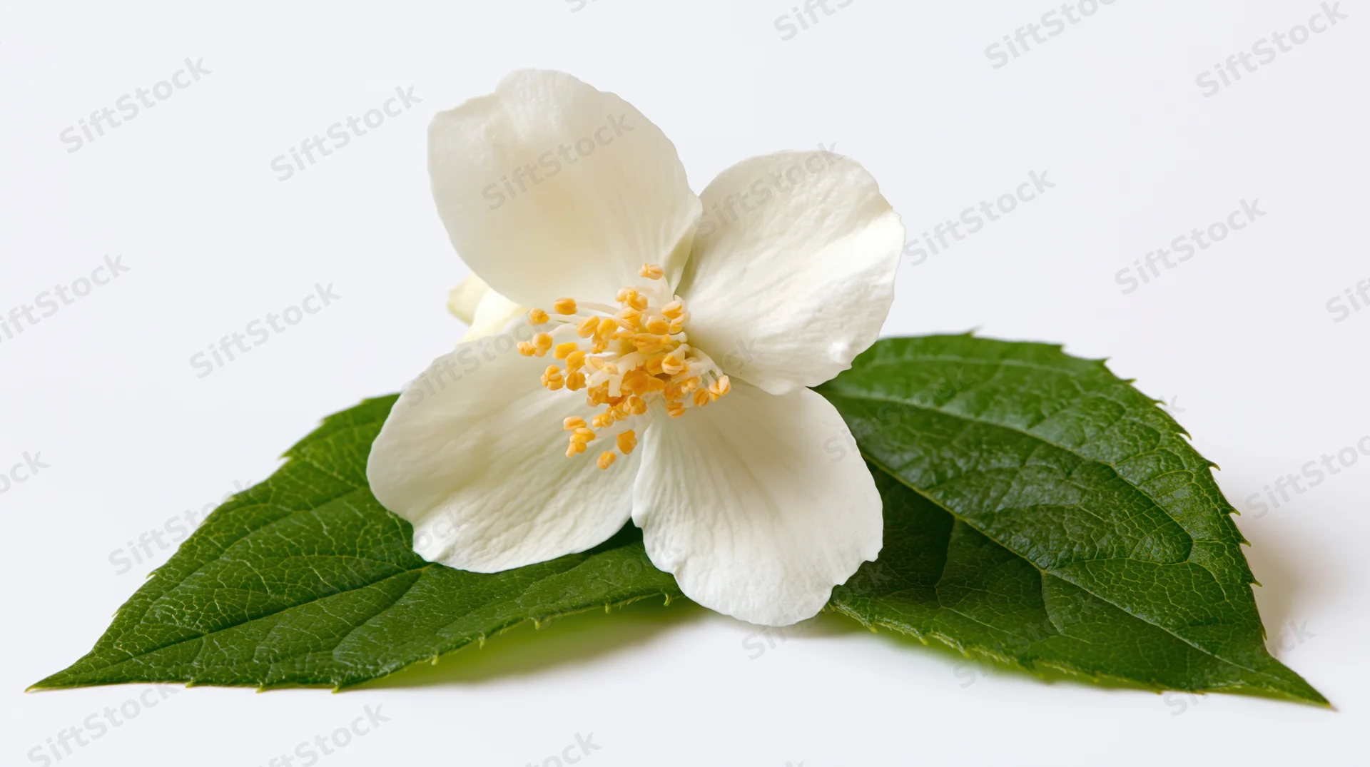 White jasmine flower with yellow stamens resting on green leaves against white background