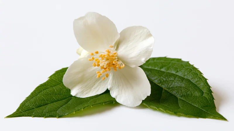 White jasmine flower with yellow stamens resting on green leaves against white background
