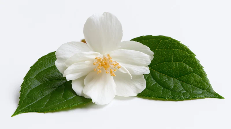 White jasmine flower with yellow stamens resting on green leaves against white background