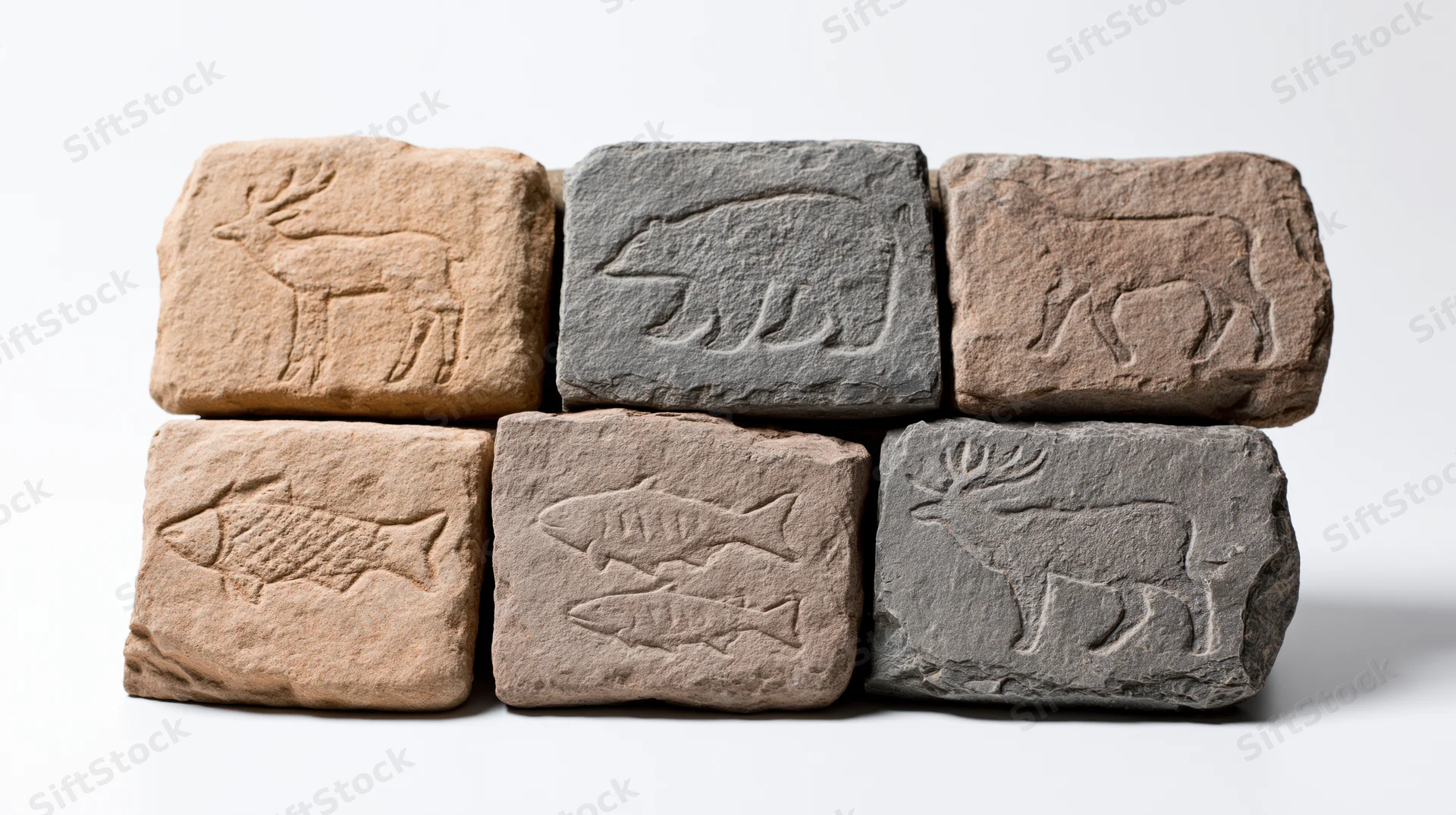 Six ancient stone tablets with carved animal petroglyphs arranged in two rows on white surface