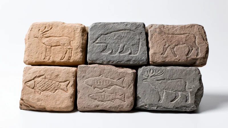 Six ancient stone tablets with carved animal petroglyphs arranged in two rows on white surface