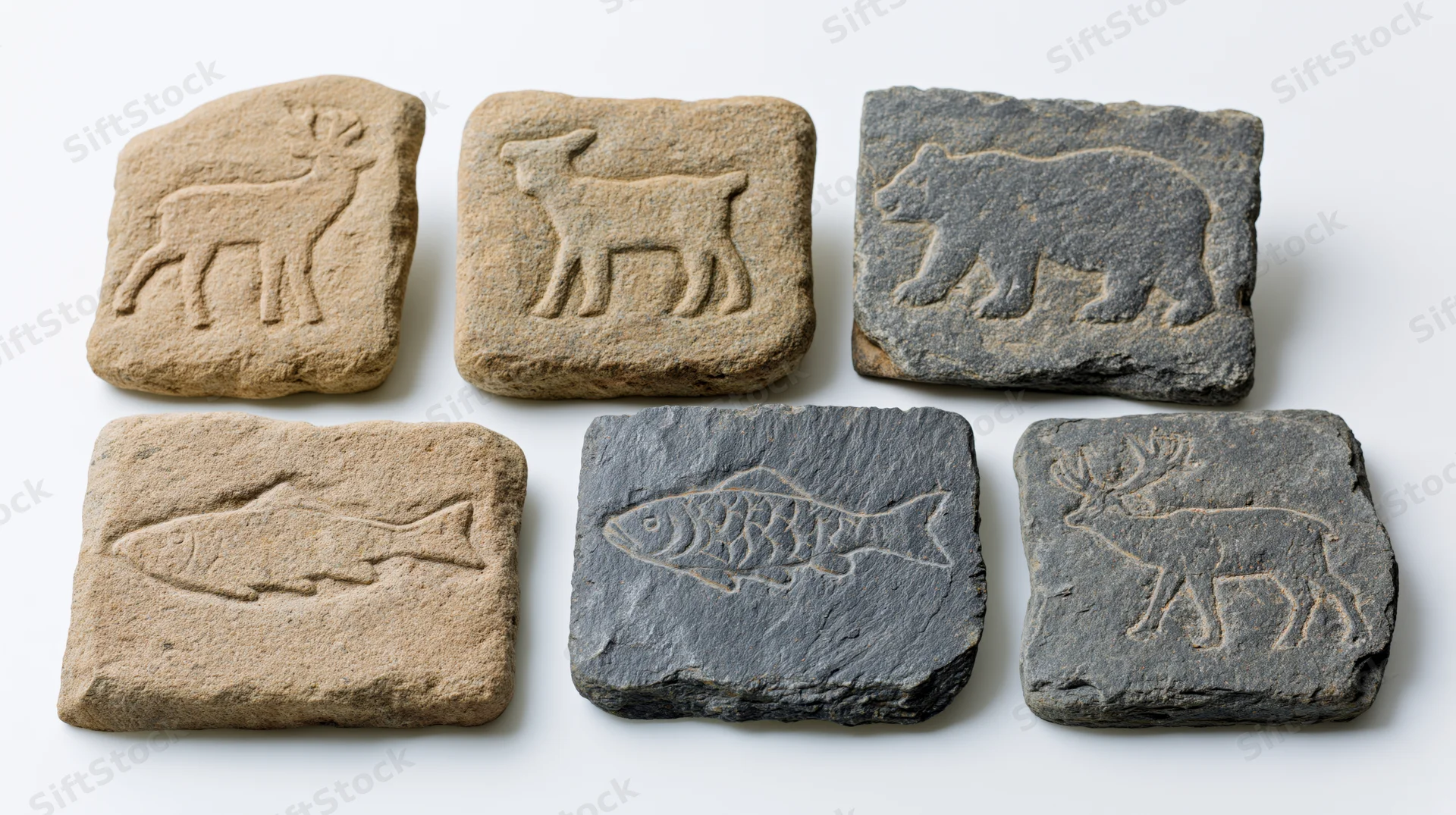 Six ancient stone tablets with carved animal petroglyphs arranged on white surface