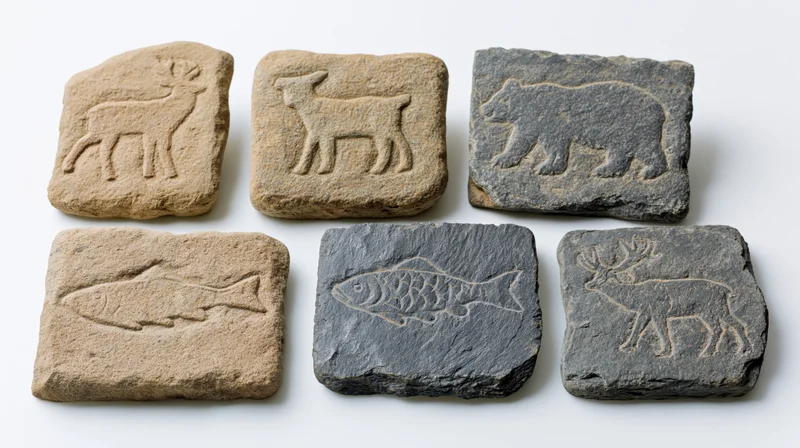 Six ancient stone tablets with carved animal petroglyphs arranged on white surface