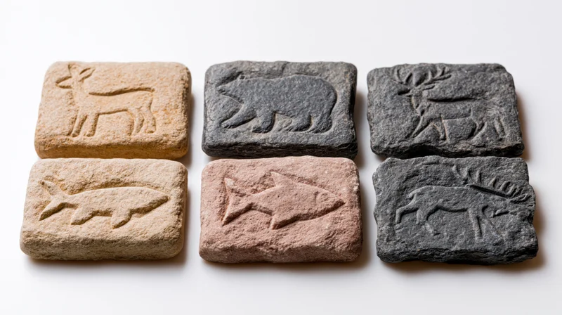 Six ancient stone tablets with carved animal petroglyphs arranged in two rows on white background