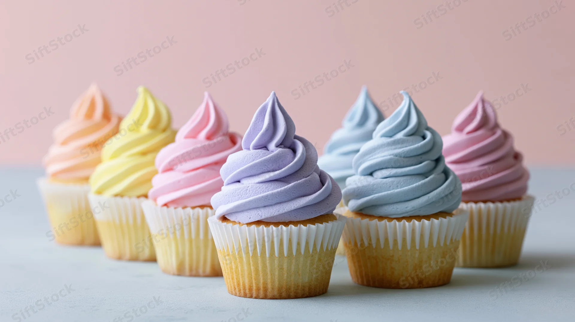Six cupcakes with pastel frosting arranged in a row on a pale grey surface