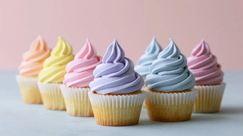 Six cupcakes with pastel frosting arranged in a row on a pale grey surface