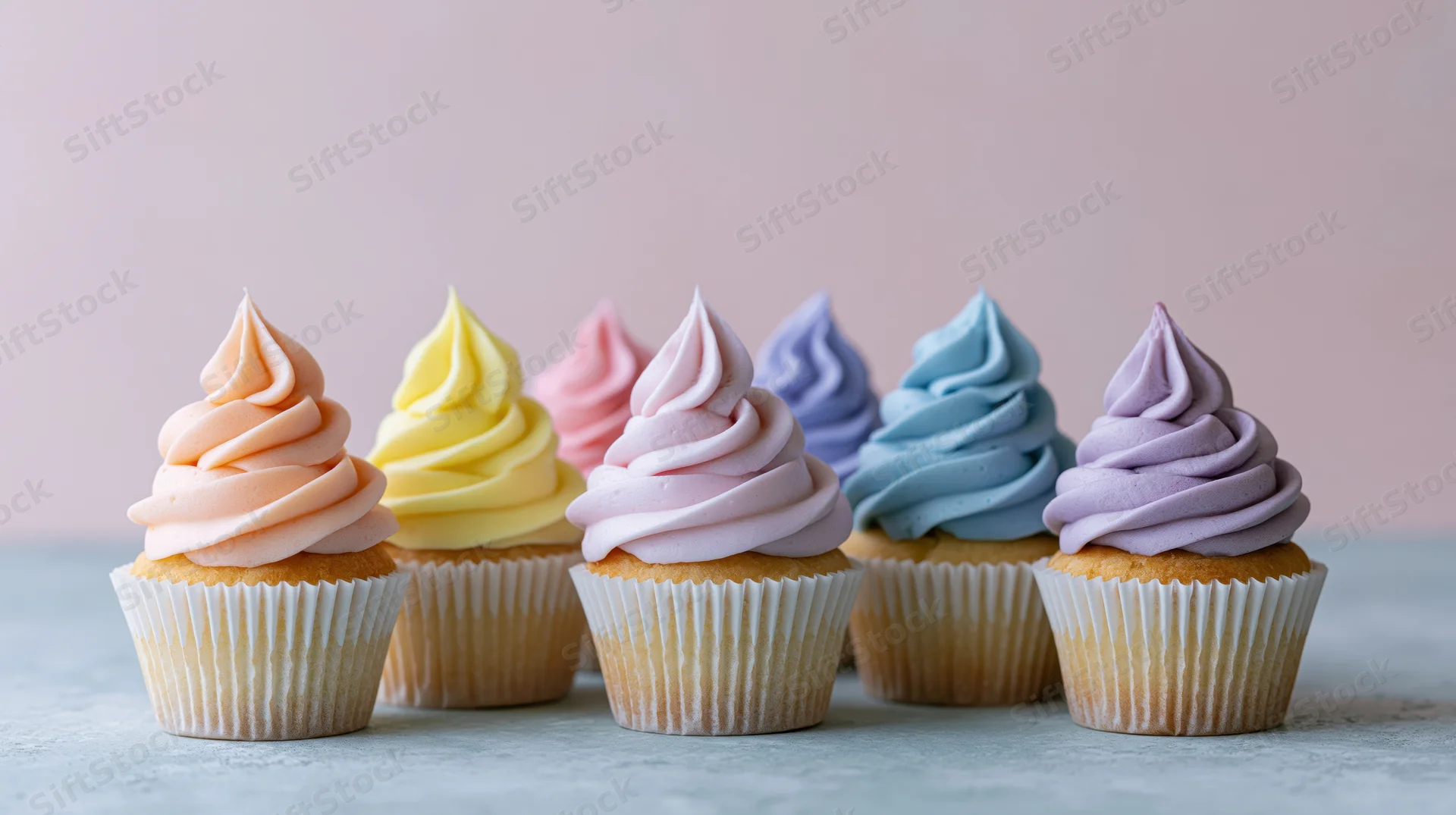 Six cupcakes with pastel frosting arranged in a row on a pale grey surface