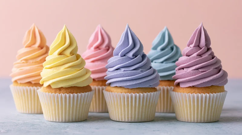 Six cupcakes with pastel frosting arranged in a row on a light gray surface