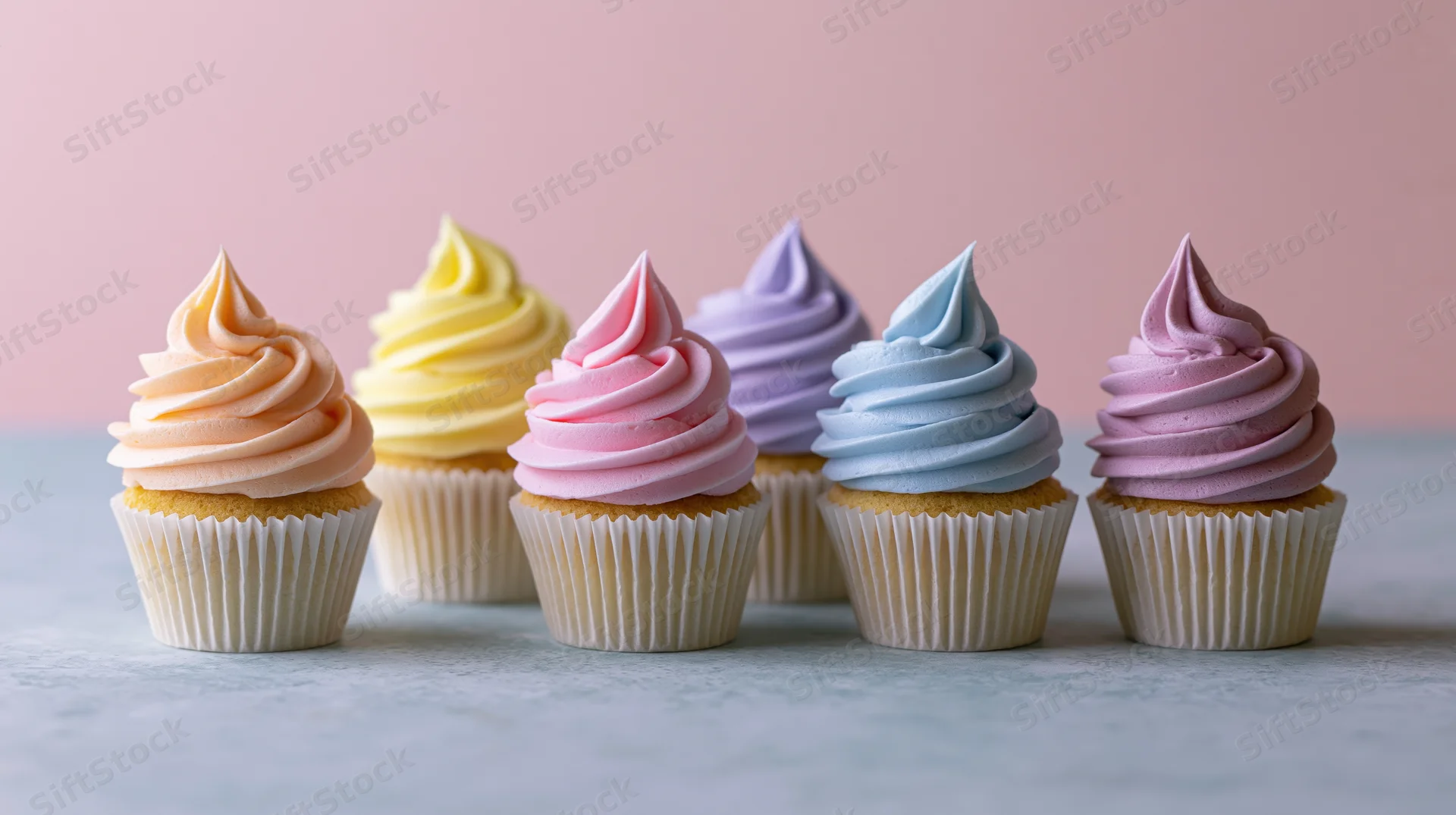 Six cupcakes with pastel frosting arranged in a row on a pale grey surface against a pink background