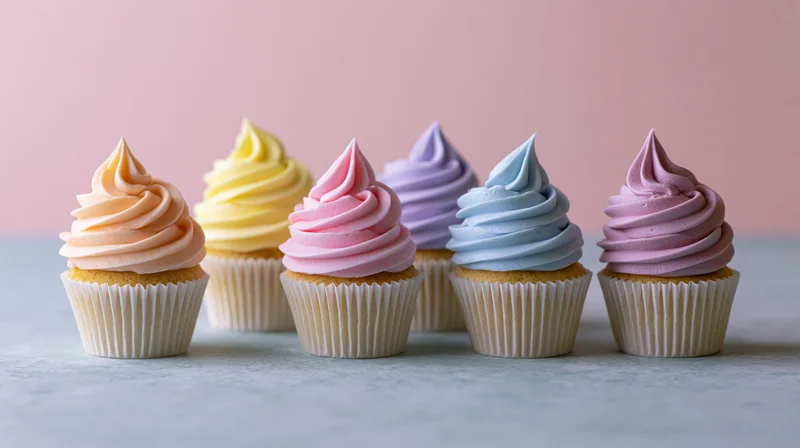 Six cupcakes with pastel frosting arranged in a row on a pale grey surface against a pink background