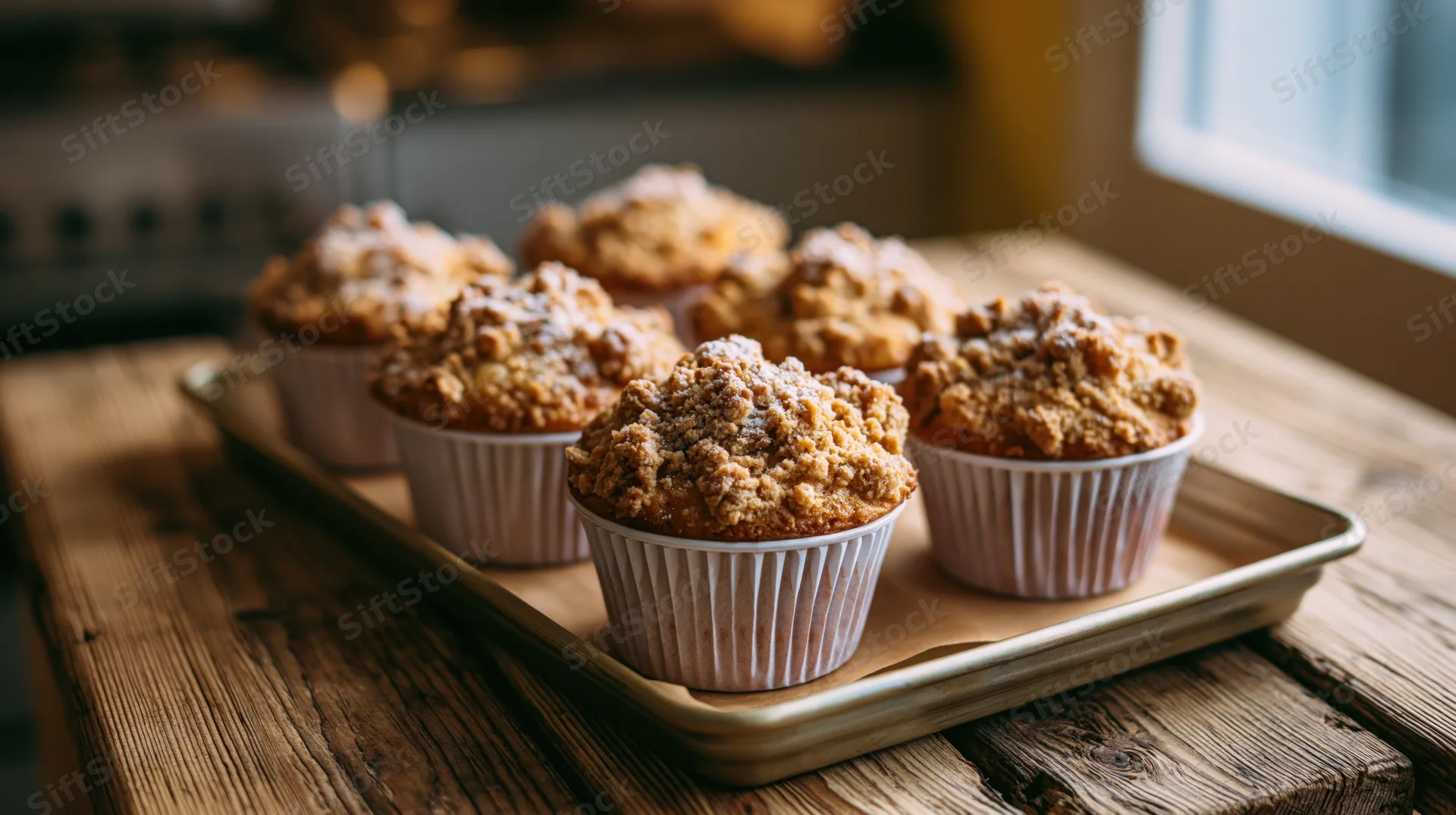 Six golden crumb-topped muffins on a parchment-lined tray on a wooden kitchen table